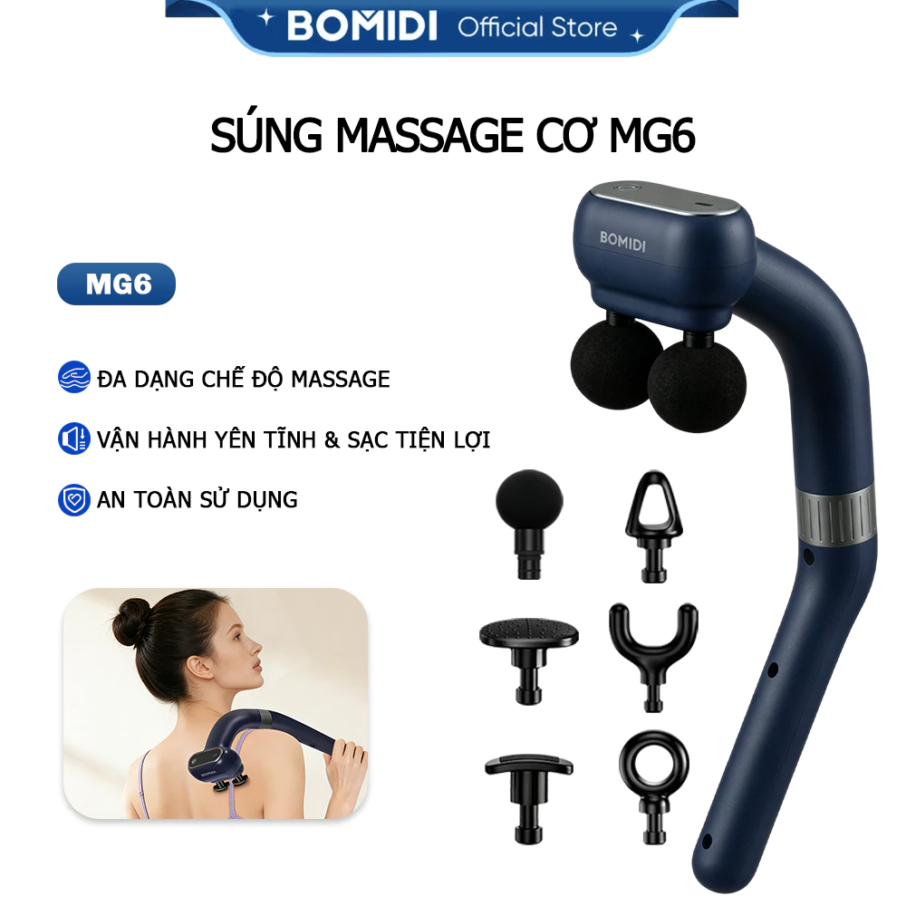 Súng Massage Cơ Cánh Tay BOMIDI MG6 | 6 Cấp Rung 6 Đầu Massage Tay Cầm Tháo Lắp 3 Kiểu